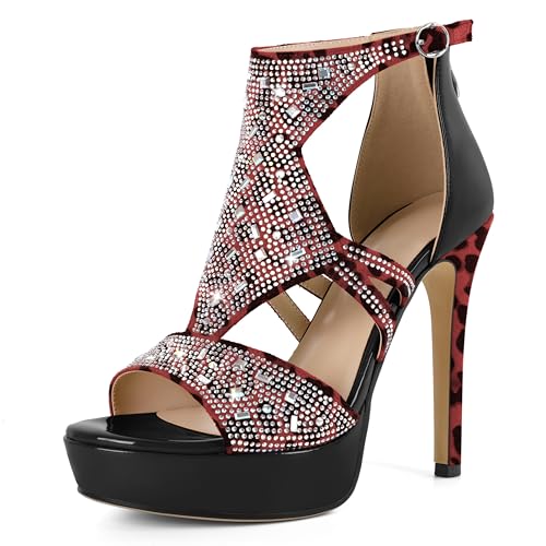 EDEFS Elegante Plateau Sandalen für Frauen mit Peep Toe Stil Stiletto Absatz 4.7 Inches Strass Dekoriert Mode Statement für Hochzeit Leopard Rot EU39 von EDEFS