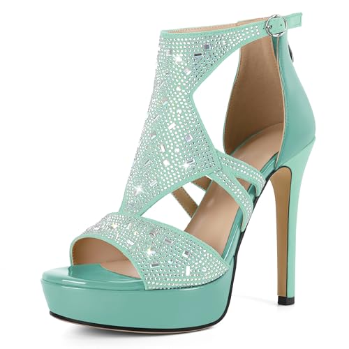 EDEFS Elegante Plateau Sandalen für Frauen mit Peep Toe Stil Stiletto Absatz 4.7 Inches Strass Dekoriert Mode Statement für Hochzeit Mintgrün EU39 von EDEFS