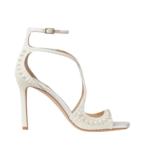 EDEFS Frauen Party Fertige High Heel Sandalen 10 cm Stilettoabsatz Perlen & Riemchen Details mit Quadratischen Zehen Offene Zehen Knöchelriemen für Braut Weiß EU39 von EDEFS