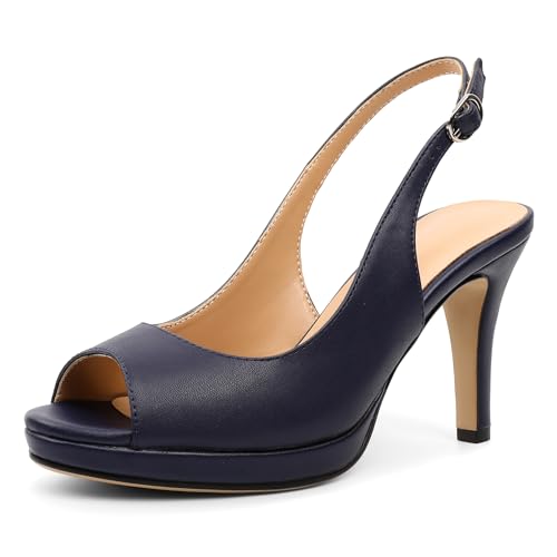 EDEFS Frauen Peep-Toe Plateau Slingback Pumps 9 cm High Heel Stiletto Absätze Schicke für Hochzeitsfeier & Casual Anlässe Matte Marineblau EU43 von EDEFS
