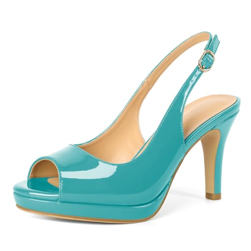 EDEFS Frauen Peep-Toe Plateau Slingback Pumps 9 cm High Heel Stiletto Absätze Stilvolle für Hochzeitsfeier & Casual Anlässe Türkis EU36 von EDEFS