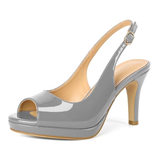 EDEFS Frauen Peep-Toe Plateau Slingback Pumps 9 cm High Heel Stiletto Absätze Vielseitige für Hochzeitsfeier & Gelegenheiten Grau EU37 von EDEFS