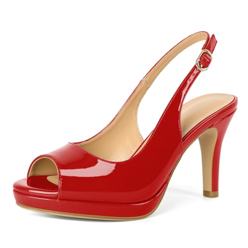 EDEFS Frauen Peep-Toe Plateau Slingback Pumps 9 cm High Heel Stiletto Absätze Vielseitige für Hochzeitsfeier & Gelegenheiten Rot EU37 von EDEFS
