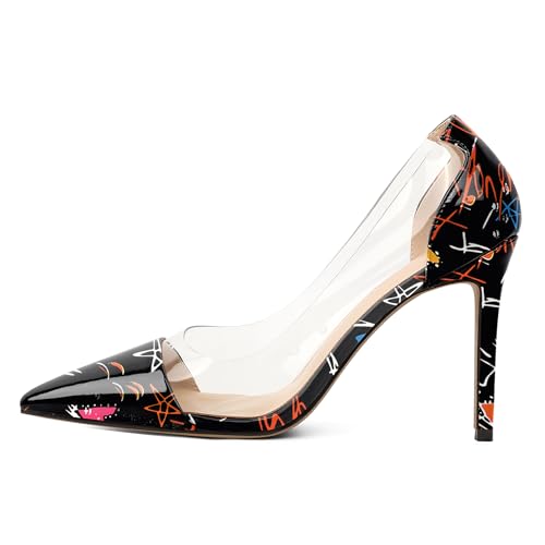 EDEFS Frauen Spitzen Zehen Pumps 4 Zoll Stiletto Heel Slip On Sandalen Transparent Klar PVC & Schwarz Leder Hochzeit Arbeit Party Graffiti EU42 von EDEFS