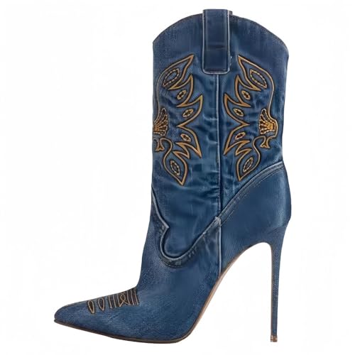 EDEFS Frauen Stickerei Cowboy High Heel Stiefel 12 cm Stiletto Absatz Kurze Stiefel mit Zieh Laschen & Spitzkappe Sexy Mode für Partys & Rodeo Nächte Denim EU41 EDEFS Frauen Stickerei Cowboy High Heel Stiefel 12 cm Stiletto Absatz Kurze Stiefel mit Zieh Laschen & Spitzkappe Sexy Mode für Partys & Rodeo Nächte Denim EU41 von EDEFS
