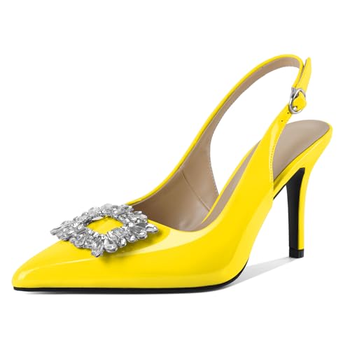 EDEFS Funkelnde Kristall Slingback Pumps Damen 9 cm High Heel Spitzenschuh Schuhe für glamouröse Hochzeitsnächte Stylische Partys und Selbstbewusste Arbeitstage Gelb EU37 von EDEFS