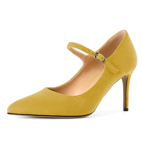 EDEFS Hochzeitsfertige Mary Jane Pumps Damen Stilettoabsatz in Wildleder 8,5 cm Höhe & Spitzenschuh Gelb EU36 von EDEFS