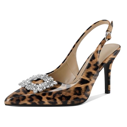 EDEFS Hochzeitsfertige Slingback Pumps Damen 9 cm Stilettoabsatz mit Kristall Akzenten & Spitzenschuh für Party Eleganz und Arbeitsgerechte Raffinesse Leopard EU40 von EDEFS