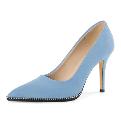 EDEFS Hochzeitsfertige Slip On Pumps Damen 8.5 cm High Heel mit Perlen Details Wildleder & Spitzenschuh Hellblau EU37 von EDEFS