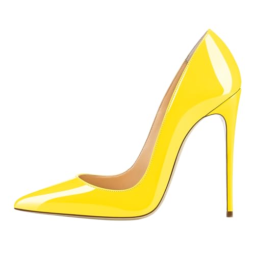 EDEFS Klassische Damen Lack Pumps Stilettos High Heels Abend Schuhe Stilettos 12CM Gelb Größe EU38 von EDEFS