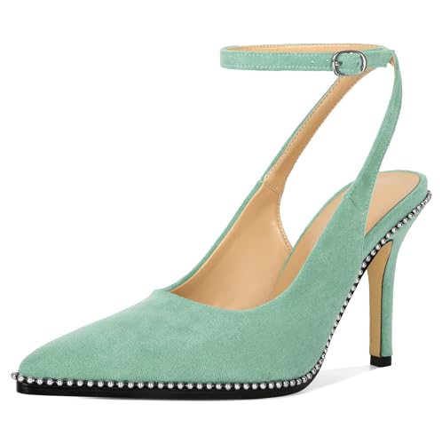 EDEFS Knöchelriemen Pumps 3.7 Inch High Heel Stiletto Pumps Spitz Zehe Schuhe Mintgrün EU40 von EDEFS