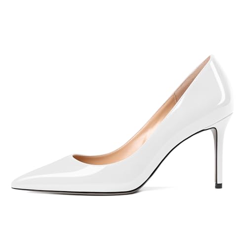 EDEFS Konferenzsaal zur Traualtar Pumps 8cm Stiletto Lackleder Slip On mit Spitzenkappe Business Braut Essential L Weiß EU41 von EDEFS