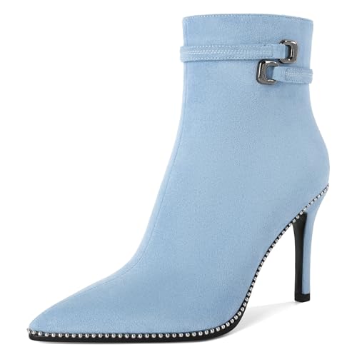 EDEFS Luxuriöse Damen Spitze Stiefeletten mit Reißverschluss und Schnalle 3.7 Zoll Stiletto Geeignet für Formelle Anlässe Hellblau EU41 von EDEFS