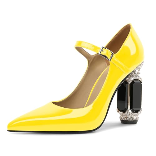 EDEFS Mary Jane Pumps Damen Einfach zu Tragen Lackleder 9 cm Blockabsatz mit Funkelndem Kristall Strass Spitze Zehe für Hochzeiten Galas & Alltag Gelb EU41 von EDEFS