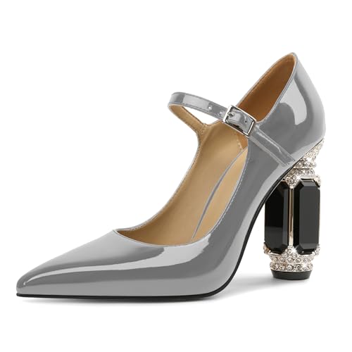 EDEFS Mary Jane Pumps Damen Einfach zu Tragen Lackleder 9 cm Blockabsatz mit Funkelndem Kristall Strass Spitze Zehe für Hochzeiten Galas & Alltag Grau EU41 von EDEFS