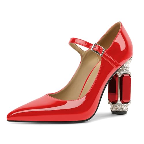 EDEFS Mary Jane Pumps Damen Einfach zu Tragen Lackleder 9 cm Blockabsatz mit Funkelndem Kristall Strass Spitze Zehe für Hochzeiten Galas & Alltag Rot EU41 von EDEFS