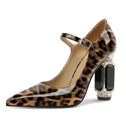 EDEFS Mary Jane Pumps Damen Elegant Lackleder 9 cm Blockabsatz Kristall Strass Details Spitze Zehe für Hochzeiten & Rote Teppich Galas Leopard EU36 von EDEFS