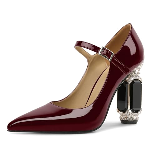 EDEFS Mary Jane Pumps Damen Eventtauglich Lackleder 9 cm Blockabsatz Funkelnde Kristall Strass Akzente Spitze Zehe für Hochzeiten Galas & Rote Teppich Bordeaux EU44 von EDEFS