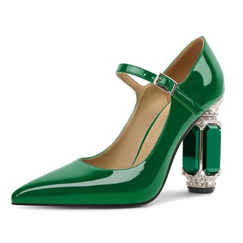 EDEFS Mary Jane Pumps Damen Eventtauglich Lackleder 9 cm Blockabsatz Funkelnde Kristall Strass Akzente Spitze Zehe für Hochzeiten Galas & Rote Teppich Grün EU44 von EDEFS