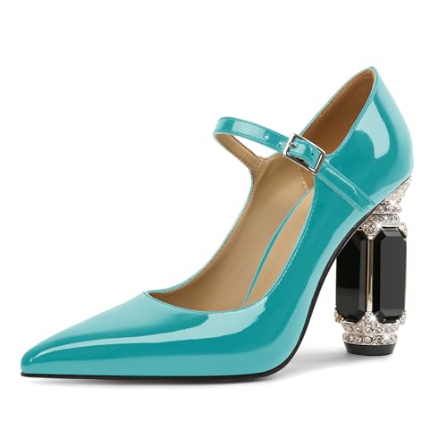 EDEFS Mary Jane Pumps Damen Eventtauglich Lackleder 9 cm Blockabsatz Funkelnde Kristall Strass Akzente Spitze Zehe für Hochzeiten Galas & Rote Teppich Türkis EU44 von EDEFS