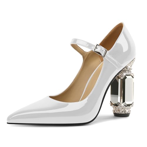 EDEFS Mary Jane Pumps Damen Eventtauglich Lackleder 9 cm Blockabsatz Funkelnde Kristall Strass Akzente Spitze Zehe für Hochzeiten Galas & Rote Teppich Weiß EU44 von EDEFS