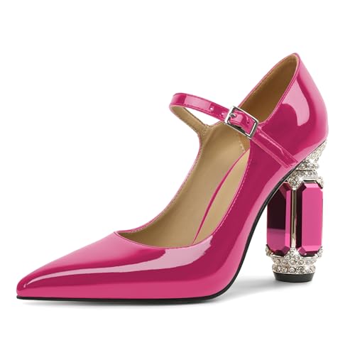 EDEFS Mary Jane Pumps Damen Lackleder 9 cm Blockabsatz mit Funkelndem Kristall Strass Spitze Zehe Ideal für Hochzeiten Galas & Rote Teppich Heißes Rosa EU35 von EDEFS