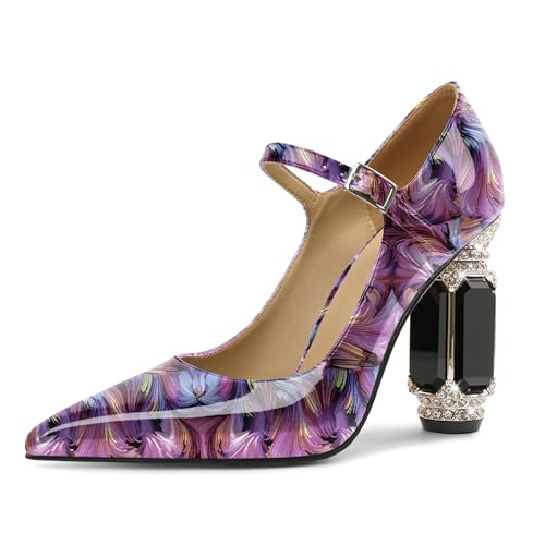 EDEFS Mary Jane Pumps Damen Luxuriös Lackleder 9 cm Blockabsatz Kristall Strass Details Spitze Zehe für Hochzeiten & Galas Floral Lila EU42 von EDEFS