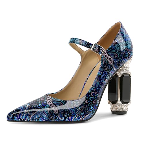 EDEFS Mary Jane Pumps Damen Schick Lackleder 9 cm Blockabsatz mit Funkelndem Kristall Strass Spitze Zehe Ideal für Hochzeiten Galas & Rote Teppiche Blume Blau EU43 von EDEFS
