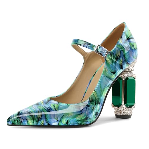 EDEFS Mary Jane Pumps Damen Stilvoll Lackleder 9 cm Blockabsatz Funkelnde Kristall Strass Akzente Spitze Zehe für Hochzeiten & Rote Teppich Floral Grün EU40 von EDEFS