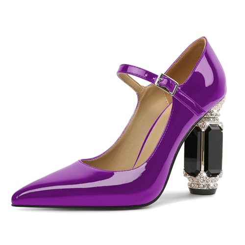 EDEFS Mary Jane Pumps Damen Stilvoll Lackleder 9 cm Blockabsatz Funkelnde Kristall Strass Akzente Spitze Zehe für Hochzeiten & Rote Teppich Lila EU40 von EDEFS