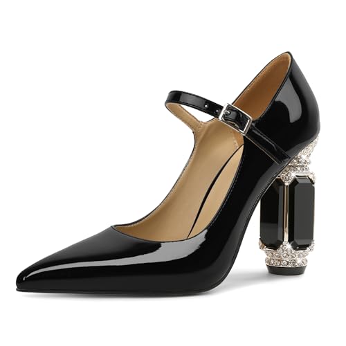 EDEFS Mary Jane Pumps Damen Stilvoll Lackleder 9 cm Blockabsatz Funkelnde Kristall Strass Akzente Spitze Zehe für Hochzeiten & Rote Teppich Schwarz EU40 von EDEFS