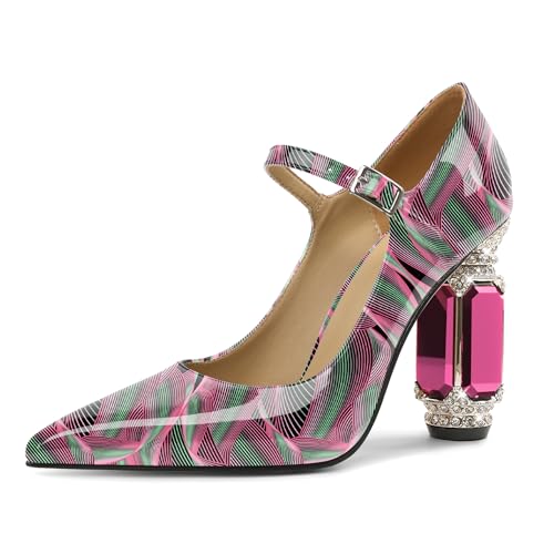 EDEFS Mary Jane Pumps Damen Vielseitig Lackleder 9 cm Blockabsatz mit Kristall Strass Spitze Zehe Perfekt für Hochzeiten Galas & Rote Teppich Welle EU39 von EDEFS