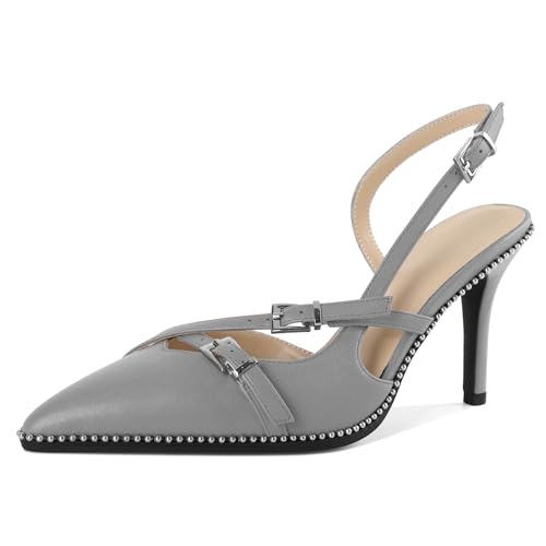 EDEFS Mode Stilettoabsatz Pumps Damen Slingback mit 3,5 Zoll Höhe Perlen Details Schnallen Verschluss & Matt Spitzenschuh Grau EU39 von EDEFS