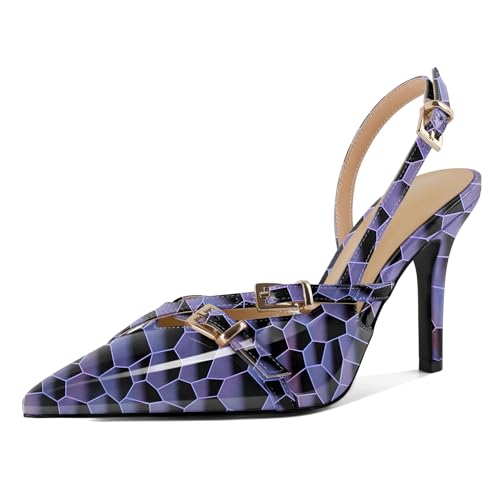 EDEFS Moderne Slingback Pumps Damen 9 cm High Heel mit Schnallen Details Lackleder & Spitzenschuh für Hochzeits Styling und Arbeits Raffinesse Glänzend Violett EU42 von EDEFS