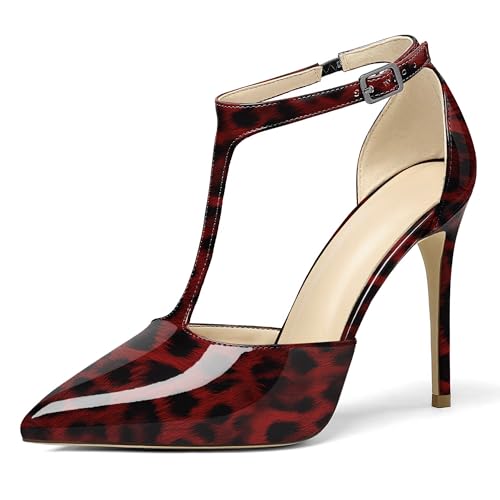 EDEFS Modische Spitz Zulaufende Pumps mit T-Riemen & Verstellbarem Verschluss 10 cm Stiletto Absatz Damen Schuhe für Hübsche Auftritte im Büro Leopard Rot EU36 von EDEFS