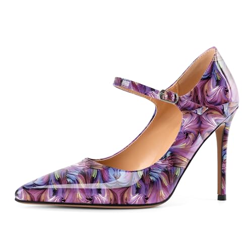 EDEFS Modische Stilettoabsatz Pumps Damen Mary Jane mit 4 Zoll Höhe Spitzenschuh & Metall Schnallendetails Floral Lila EU38 EDEFS Modische Stilettoabsatz Pumps Damen Mary Jane mit 4 Zoll Höhe Spitzenschuh & Metall Schnallendetails Floral Lila EU38 von EDEFS