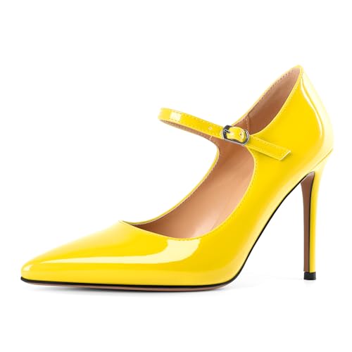 EDEFS Modische Stilettoabsatz Pumps Damen Mary Jane mit 4 Zoll Höhe Spitzenschuh & Metall Schnallendetails Gelb EU38 von EDEFS