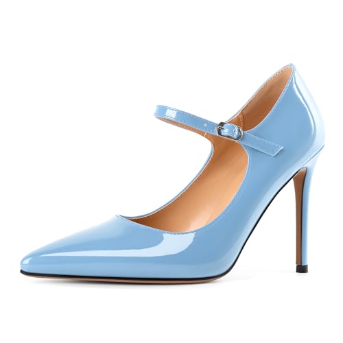EDEFS Modische Stilettoabsatz Pumps Damen Mary Jane mit 4 Zoll Höhe Spitzenschuh & Metall Schnallendetails Hellblau EU38 EDEFS Modische Stilettoabsatz Pumps Damen Mary Jane mit 4 Zoll Höhe Spitzenschuh & Metall Schnallendetails Hellblau EU38 von EDEFS
