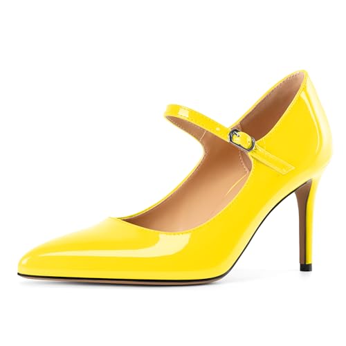 EDEFS Modische Stilettoabsatz Pumps Damen Mary Jane mit 8.5 cm Höhe Spitzenschuh & Metall Schnallendetails Gelb EU38 von EDEFS
