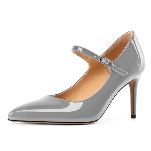 EDEFS Modische Stilettoabsatz Pumps Damen Mary Jane mit 8.5 cm Höhe Spitzenschuh & Metall Schnallendetails Grau EU38 von EDEFS
