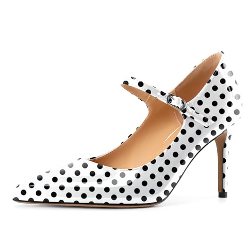 EDEFS Modische Stilettoabsatz Pumps Damen Mary Jane mit 8.5 cm Höhe Spitzenschuh & Metall Schnallendetails Polka Dot EU38 EDEFS Modische Stilettoabsatz Pumps Damen Mary Jane mit 8.5 cm Höhe Spitzenschuh & Metall Schnallendetails Polka Dot EU38 von EDEFS