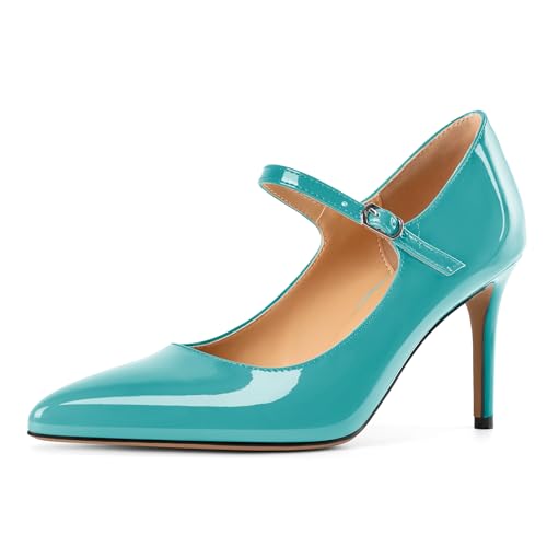 EDEFS Modische Stilettoabsatz Pumps Damen Mary Jane mit 8.5 cm Höhe Spitzenschuh & Metall Schnallendetails Türkis EU38 EDEFS Modische Stilettoabsatz Pumps Damen Mary Jane mit 8.5 cm Höhe Spitzenschuh & Metall Schnallendetails Türkis EU38 von EDEFS
