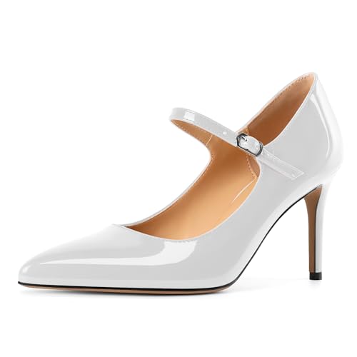 EDEFS Modische Stilettoabsatz Pumps Damen Mary Jane mit 8.5 cm Höhe Spitzenschuh & Metall Schnallendetails Weiß EU38 EDEFS Modische Stilettoabsatz Pumps Damen Mary Jane mit 8.5 cm Höhe Spitzenschuh & Metall Schnallendetails Weiß EU38 von EDEFS