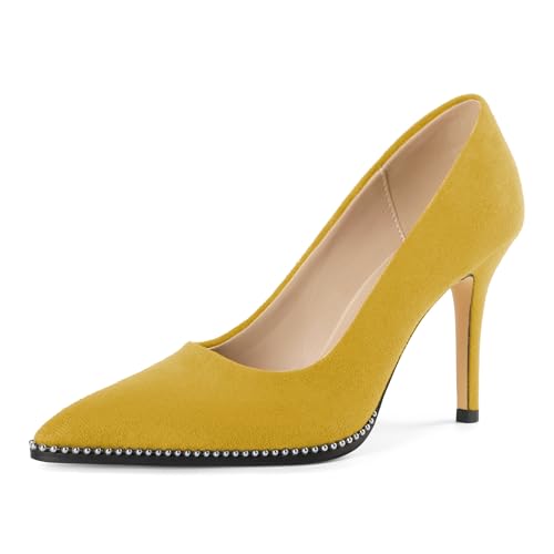 EDEFS Modische Stilettoabsatz Pumps Damen Slip On in Wildleder 8.5 cm Höhe Perlen Akzente & Spitzenschuh Gelb EU38 von EDEFS