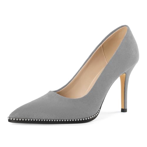 EDEFS Modische Stilettoabsatz Pumps Damen Slip On in Wildleder 8.5 cm Höhe Perlen Akzente & Spitzenschuh Grau EU38 von EDEFS