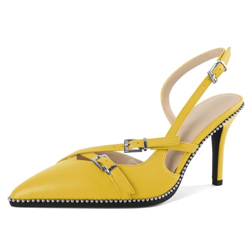 EDEFS Partyperfekte Perlen Pumps Damen Slingback 3,5 Zoll Stilettoabsatz in Matt Optik & Spitzenschuh für Hochzeits Glamour Gelb EU41 von EDEFS
