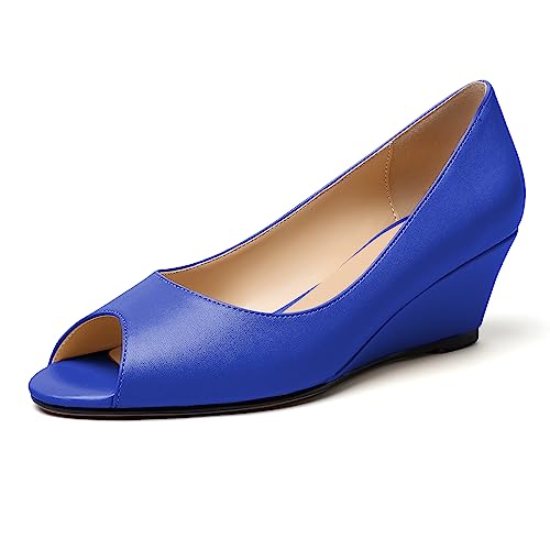 EDEFS Peeptoes Keilabsatz Absätze Damen mit Keilabsatz Sandalen zum Reinschlüpfen Niedriger Absatz Pumps Schuhe Königsblau Königsblau Matt EU42 von EDEFS