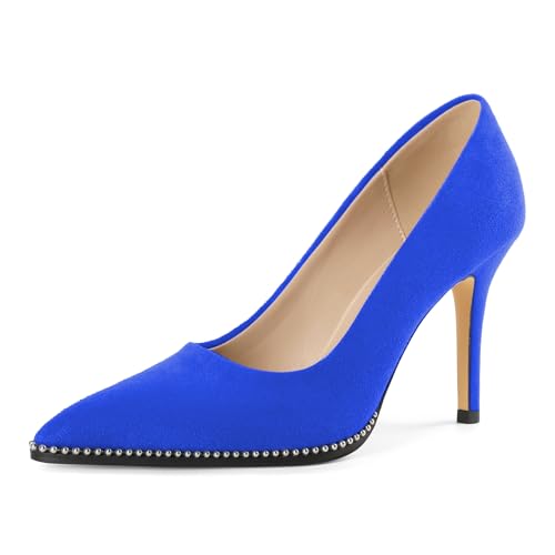 EDEFS Professionelle Spitzenschuh Pumps Damen Slip On 8.5 cm High Heel in Wildleder mit Perlen Akzenten Königsblau EU42 von EDEFS