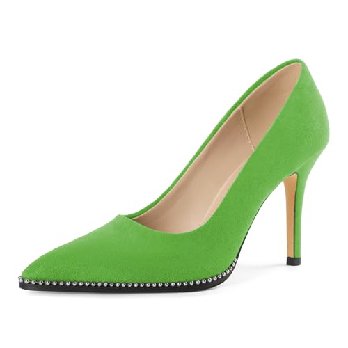 EDEFS Professionelle Spitzenschuh Pumps Damen Slip On 8.5 cm High Heel in Wildleder mit Perlen Akzenten Olivgrün EU42 von EDEFS