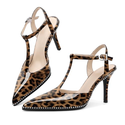EDEFS Pumps Damen 9 cm Perlen Stiletto High Heel Lackleder Spitze Zehe T-Band Slingback Schuhe für Hochzeit Gala Party & Casual Leopard EU43 von EDEFS